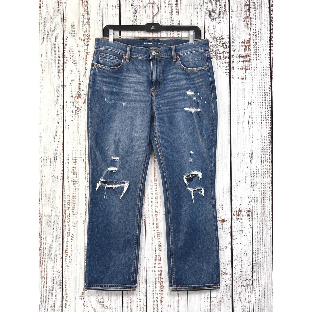 Old Navy Boyfriend Jeans Womens 14 Dark Wash Distressed Ripped Mid Rise Straight